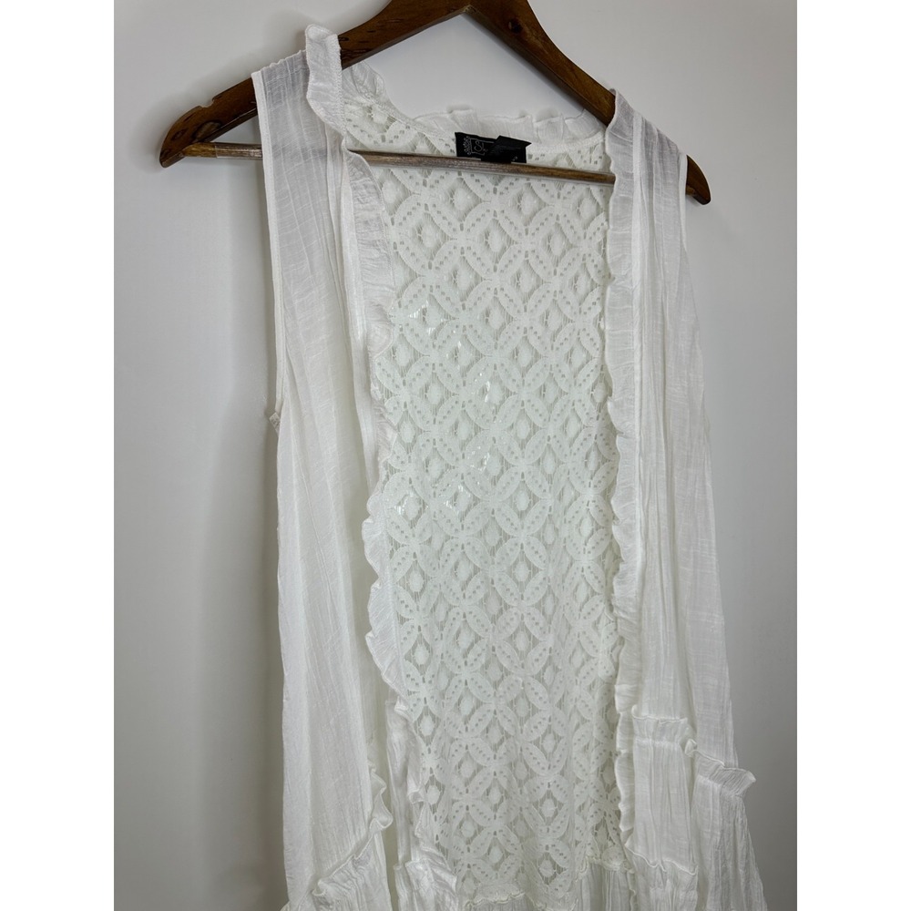 Shyanne White Open Front Tiered Ruffled Lace Duster Vest Large Country Boho - Picture 6 of 12